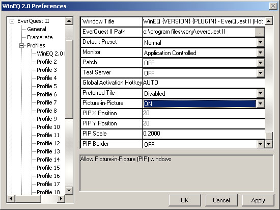 Configuring PiP from the WinEQ 2.0 Preferences