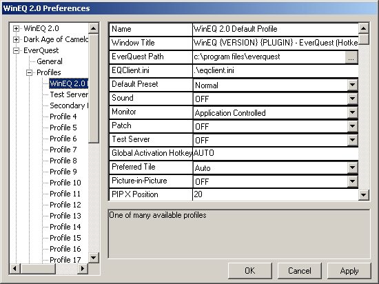 WinEQ 2 Profile settings, for EverQuest 1